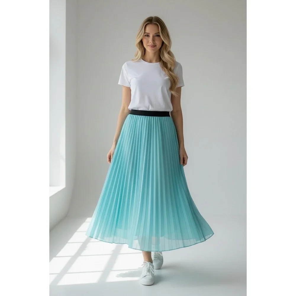 Lavish Maxi Skirt Aqua‎ Teal Pleated Fairy Flowy Long Skirt Sz L Boho